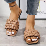 Weave Soft Slippers for Women Summer 2023 Orange PU Leather Beach Flip Flops Female Square Toe Flat Sandals Plus Size