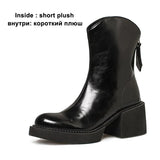 Women Genuine Leather Ankle Western Boots Round Toe Platform Block High Heel Lady Zipper Short Boot Autumn Winter