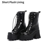 Boots Women Chunky Heel Rose Red Black Shoes Antumn Winter Patent Leather Combat Goth Lace Up Punk Ankle