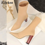 Comfort Stretch Women Sock Boots Square High Heel Ankle Boots Fashion Pointed Toe Fall Stretch Shoes Black Big Size