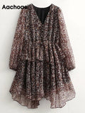 Women Vintage Leopard Printed Mini Dresses Sexy V Neck Lantern Long Sleeve Dresses Female Elegant Casual A Line