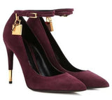 Lock High Heel Pointed Toe Pump Ankle Strap Metal Heels Padlock Pumps Low Cut-out Patchwrok Banquet Dress Shoes Plus