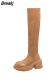 Thick High Heeled Women Stretch Boots 2023 Hot Fashion Knit Stretch Mid Calf Boots Slip On Simply Stylish High