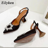 Rose Red Women Pumps Silk Satin Pointed Toe Rhinestone Crystal High Heels Woman Wedding Dress Pumps On Cup Heeled