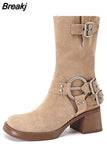 High Heels Women Mid Calf Boots 2023 Hot Punk Gothic Knee High Motorcycles Boots Buckle Comfy Walking Boots Autumn