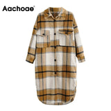 Vintage Plaid Long Woolen Coat Women Long Sleeve Pockets Overcoat Female Turn Down Collar Loose Outerwear Coats