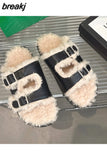 New Winter Plush Inside Women Slipper Casual Fashion Buckle Artificial Fur Outside Home Platform Soft Slides