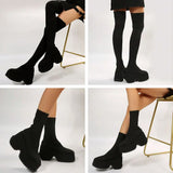 Thick High Heeled Women Stretch Boots 2023 Hot Fashion Knit Stretch Mid Calf Boots Slip On Simply Stylish High