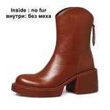 Women Genuine Leather Ankle Western Boots Round Toe Platform Block High Heel Lady Zipper Short Boot Autumn Winter