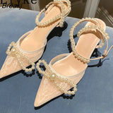 Elegant Women Party Dress Shoes Pointed Toe Ankle Buckle Strap Pumps Sandals Fashion String Bead Bowknot Designer