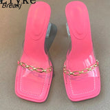 PVC Jelly Slippers Female Mules Slides Women Chain Designer Transparent Perspex High Heels Sandals Summer Clear Shoes