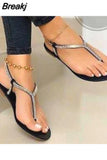 Summer Fashion Rhinestone Sandals Women's Shoes One Word Large Size Flat Beach Sandals Women Sandalias
