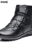 Winter Genuine Split Leather Ladies Ankle Short Boots Soild Flat Flower Round Toe Plush Platform Women