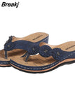 Women 2023 Summer Floral Wedges Flip Flops Pu Sewing Bohovintage Flower Outdoor Slippers Ladies Casual Beach Shoes