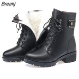 Snow Boots Women's Genuine Leather New Wool Warm Non-slip Luxury Ladies Ankle Black Boots Thick Heels Plus Size 43