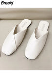 Women Mules 2023 Summer Elegant Square Closed Toe Flat Slippers Female Shoes Casual Leather Black White Slides Plus Size