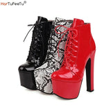 Autumn Winter Ankle Boots Women Sexy Nightclub Solid Patent Leather Pumbs Cross Lace-Up PU Platform Shoes Size