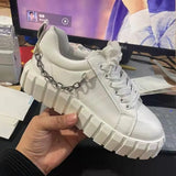 Women New Autumn Pu Leather Lace-Up Sneakers Solid Thick Sole Platform Skateboard Shoes Metal Chain Casual Vulcanized