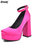 Pumps Round Toe Chunky Block Heel Ankle Strap With Heart 2023 Spring Brand New High Heels Mary Janes Women