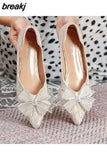 laides lace bow flats pointed toe crystal glitter decoration ballerinas shoes woman Wedding loafers big size 43