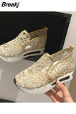 Wedge Shoes Sequin Mesh Breathable Shoes Women Gold Silver Platform Sneakers Women Height Increasing Thick Shoes