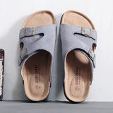Men's Cow Suede Leather Mule Clogs Slippers High Quality Soft Cork Two Buckle Slides Footwear For Men Women Unisex