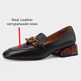 Real Leather Women Pumps Fashion Chain Thick Heels Shoes For Woman Casual Loafers Office Lady Daily Footwear Size