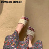 Square Toe Slippers Women Peep Toe Med Heel 4cm Slides Summer Shoe Women Embroidery Mule Massage Outsole Slipper Size