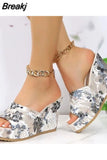 Dropship Platform Wedges Mules Sandals 2023 Summer New Floral Pattern Slide Sandals Comfy Beach Shoes Outside Slider