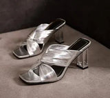 Summer Square Toe Women Slippers Fashion Thin High Heel Ladies Mules Elegant Female Outside Slides Sandal