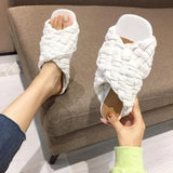 Women Summer Slides Female Shoes Rubber Flip Flops Cross-Tied Big Size 2023 Hawaiian Flat Rome Basic PU Fabric Flat