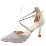Shiny Crystal Cross Strap Pumps Women 2022 Elegant Pointed Toe Party Wedding Shoes Woman Sequins Thin High Heels