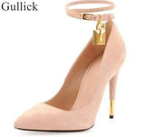 Lock High Heel Pointed Toe Pump Ankle Strap Metal Heels Padlock Pumps Low Cut-out Patchwrok Banquet Dress Shoes Plus