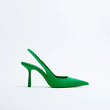 Breakj 2025 New Pointed Thin Heel Single Shoes Behind The Empty Sandals High Heel Shoes Green Women's