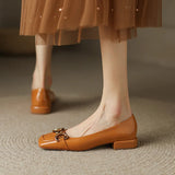 Shoes Retro Square Toe Leather Loafers for Women 2024 New Spring Fashion Elegant Metal Buckle Female Pumps Zapatos