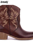 Botas Mujer Leather Cowboy Ankle Boots for Women Wedge High Heel Boots Print Western Cowgirl Boots botas de