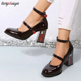 Women Punk Leather Mary Jane Shoes Gothic High Heels Pumps Rose Heeled Leather Lolita Shoes Woman Ankle Straps Mary Jane