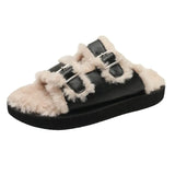 New Winter Plush Inside Women Slipper Casual Fashion Buckle Artificial Fur Outside Home Platform Soft Slides