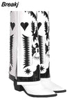 Retro Woman Long Boots Genuine Leather Sewing Embroider Strange Heels Animal Picture Pointed Toe Women Knee High