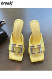 Button Slippers Women Fashion Square Toe High Heel Slide Candy Color Sandal Ladies Elegant Mule Shoe Flip Flops
