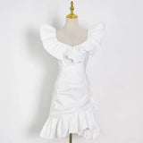 White Casual Patchwork Ruffle Dress For Women Slash Neck Sleeveless Irregular Mini Dresses Female 2021 Summer