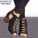 Women Square Heel Sandals Peep Toe Hollow Out Chunky Gladiator Sandals with Strap Black Spring Summer Shoes