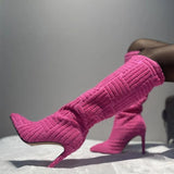 New Pointed Toe Warm Towel Boots Women's Autumn and Winter High-heeled Sleeve Large Size Boots Nude Boots Fur
