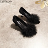 Sweet Furry Fur Pointed Toe Shallow Mouth High Heels Suede Stiletto Ladies Pumps Pink Fairy Style Party Wedding