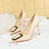 Breakj Korean Version Of Fashion And Slender Thin Heel Shallow Pointed Metal Buckle Single Shoes Women's High