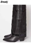 Retro Woman Long Boots Genuine Leather Sewing Embroider Strange Heels Animal Picture Pointed Toe Women Knee High