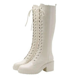 Long Ladies Boots Elegant Heeled High Heels Shoes for Women Lace-up Winter Knee Shaft with Laces White Spring Autumn