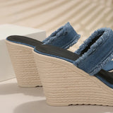 Denim Wedge High Heels Sandals Women Slip On Chunky Platform Slippers Woman Fashion Blue Thick Sole Slides Plus Size