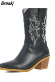 Women's Western Boots 2023 Autumn Winter Fashion Chunky Heeled Cowboy Boots Vintage Style Country Western Cowgirl White
