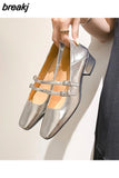 Soft Leather Mary Jane Shoes Female Retro Block Heel Square Toe Work Pumps New One-Word Buckle Strap Mid-Heel High